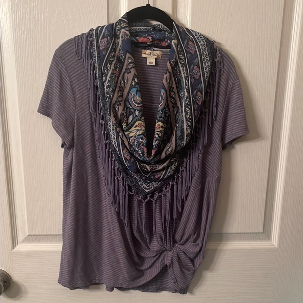 Purple Striped Top with Scarf Accent